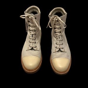 Women's Lace-Up Canvas & Leather Cap-Toe Boots in Cream